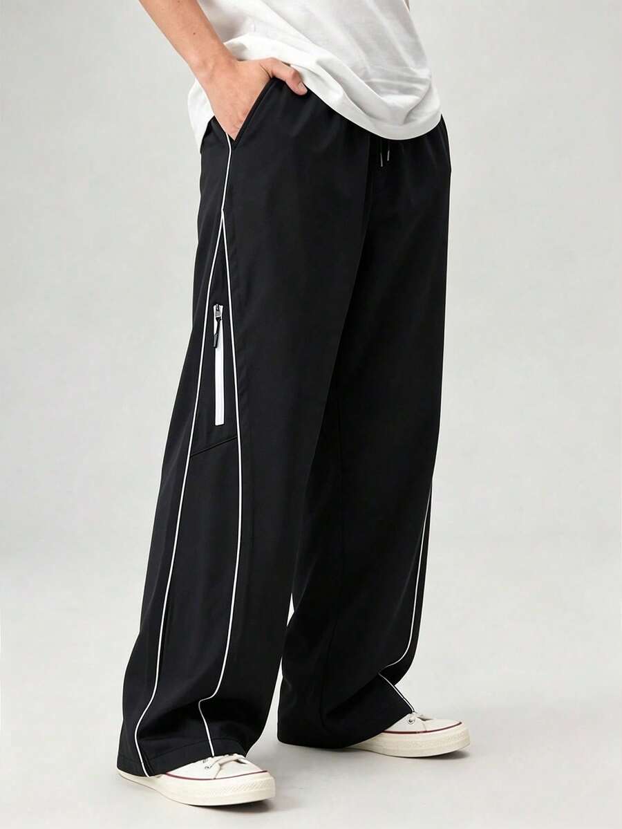 Men's Black Wide Leg Pants With Double White Side Stripes, Zipper Detail Pockets, Drawstring, Loose Lightweight Streetwear Long Pants - Black - View 1