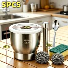 5-Piece 304 Stainless Steel Garlic Press & Mortar And Pestle Set, Manual Garlic Mincer Crusher, Food Spice Grinder, Pill Medicine Grinder, Heavy-Duty Mashing Tool For Kitchen - Silver - View 4