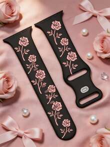 1條玫瑰雕花相容錶帶 41mm 40mm 44mm 45mm 42mm 38mm 49mm 46mm 女款，浪漫精緻花卉錶帶，柔軟矽膠運動錶帶，相容 Series SE 11 10 9 8 7 6 5 4 3 2 1 Ultra，時尚玫瑰智慧手錶錶帶 - 黑色配粉紅色花 - 查看 2