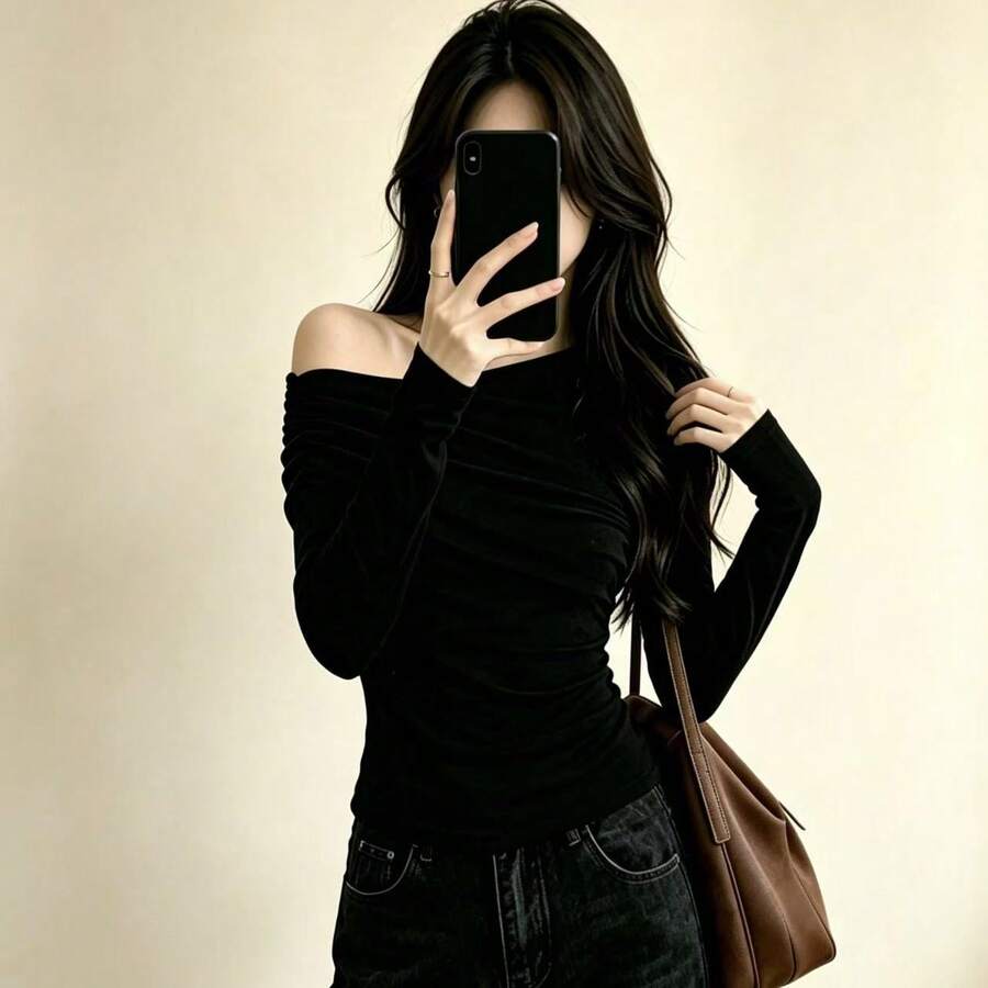 極簡性感不對稱露肩長袖女款時尚通勤內搭底層緊身T恤層搭上衣 黑色 - 黑色 - 查看 1