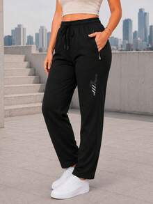 Women's Black Drawstring Jogger Pants With Zipper Pockets And Reflective Detail, Tapered Active Pants For Daily Wear - Black - View 3