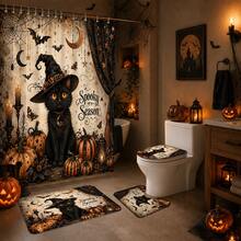1pc/4pcs Magic Black Cat Pumpkin Pattern Shower Curtain, Halloween Home Decor Printed Bathroom Partition Curtain, Comes With 12 Hooks, Universal Bathroom Accessory, Halloween Vintage Farmhouse Style Bathroom Decor, Single Curtain Available In 150*180cm+180*180cm+180*200cm, 4pcs Set Size (180*180cm+45*75cm+45*38cm+38*45cm) - Magic Black Cat - View 3