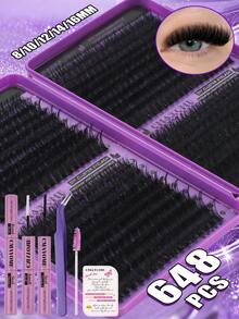 720/666/648/180 Clusters D Curl Single Strand False Eyelashes, Large Capacity, Suitable For Beginners, Long-Lasting Thick And Fluffy, Big Eye Makeup, Classic Realistic Bundled False Eyelashes, Includes Adhesive, Sealer, Tweezers, Brush - Purple - View 2