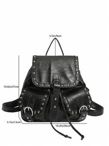 Dedoo Mochila con solapa y cordón, unicolor con ribete de remaches, bolsillos dobles, gran capacidad, mochila escolar, campus universitario, mochila diaria de estudiante estilo retro punk - Negro - Ver 12