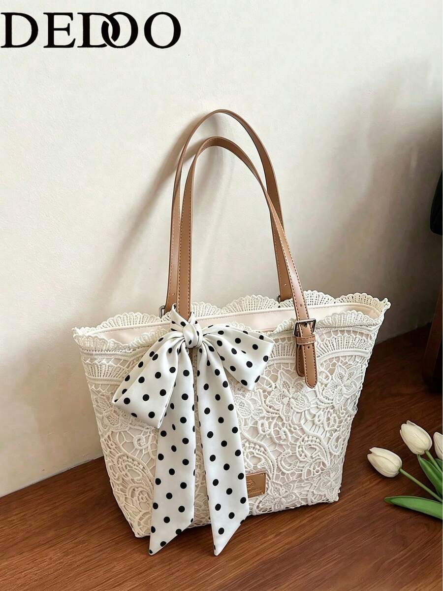 Dedoo Women's Lace Tote Shoulder Bag, Floral Hollow Lace, Polka Dot Bow Decor, Large Capacity, Fresh Pastoral Style, Suitable For Commuting, Shopping, Vacation, Spring/Summer