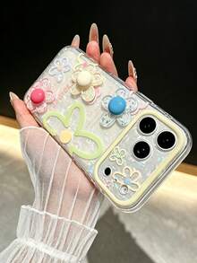 KOOLIFE Casing Ponsel Apple Motif Bunga 3D, Tekstur Cangkang Kaca Pelangi, Perlindungan Tonjolan Kamera, Terbuat dari Bahan TPU+PC, Kompatibel dengan Casing Ponsel Apple 17/16/15/14/13PROMAX - Bunga besar + tiga bunga - View 3