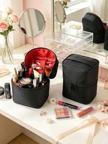 Vertical Travel Makeup Bag For Women Double Layer Large Capacity Cosmetic Organizer Case Waterproof Portable Toiletry Bag With Adjustable Dividers - Multicolor - View 5