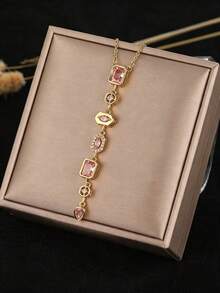 1pc Women's Necklace, Gold Stainless Steel, Waterproof, Fade-Resistant, Hypoallergenic, Geometric Square Water Drop Inlaid With CZ, Delicate Luxury Necklace, Daily Commute, Holiday Gift - Multicolor - View 7