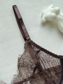 Sexy Elegant Satin Floral Lace Bra Set, Women 2 Pieces Lingerie Set With Thong - Brown - View 9
