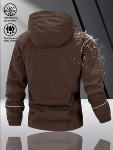 Men's Hooded Jacket, Vintage Style, Line Design, Urban Sport And Casual Style, Side Contrast Line Design, Lightweight And Durable Material, Soft Zipper, Elastic Cuffs And Hem - Coffee Brown - View 2