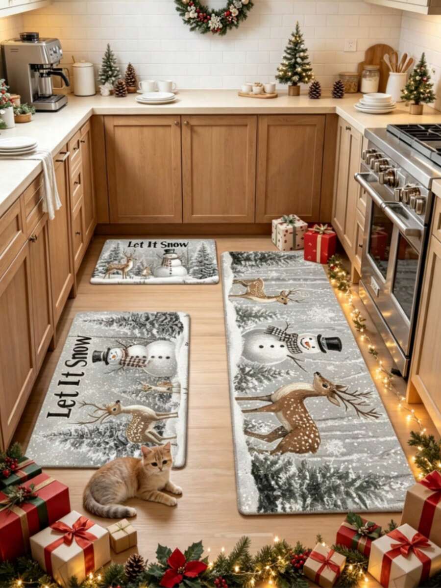 1/2pcs Christmas Snowman Kitchen Mat, Door Mat, Living Room Rug, Small Living Room Rug, Bedroom Rug, Living Room Home Decor, Outdoor Rug, Washable Rug - Multicolor - View 1