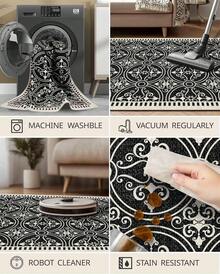 Latte&Fog Alfombras de 153 x 215 cm para Sala de Estar y Dormitorio,Moderna Abstracta Lavable, de Pelo bajo Antideslizante Estilo Boho para Sala de Estar, Oficina, Dormitorio(Negro 5x7ft) - Plateado - Ver 9