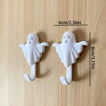 3pcs Halloween White Ghost Adhesive Wall Hooks, Wood Grain No-Drill Decorative Hooks, Cute Ghost Shaped Hooks, Suitable For Hats, Towels, Keys, Bags, Halloween Indoor Home Bathroom Entryway Wall Decoration - Multicolor - View 3