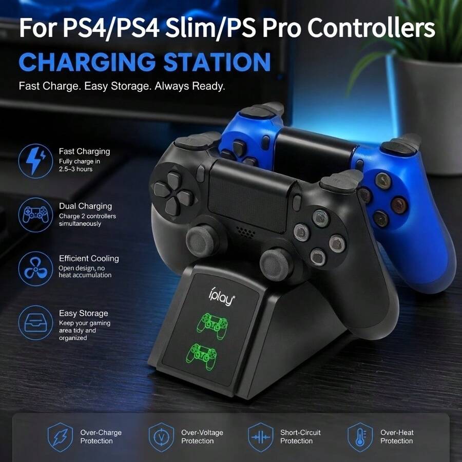 iplay PlayStation 4/Slim/Pro 無線控制器雙充充電座，雙控制器同步充電，紅/綠狀態指示燈，過充保護，桌面控制器充電與收納架