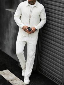Men's White Long Sleeve Zip-Up Shirt And Casual Pants Set - White - View 6