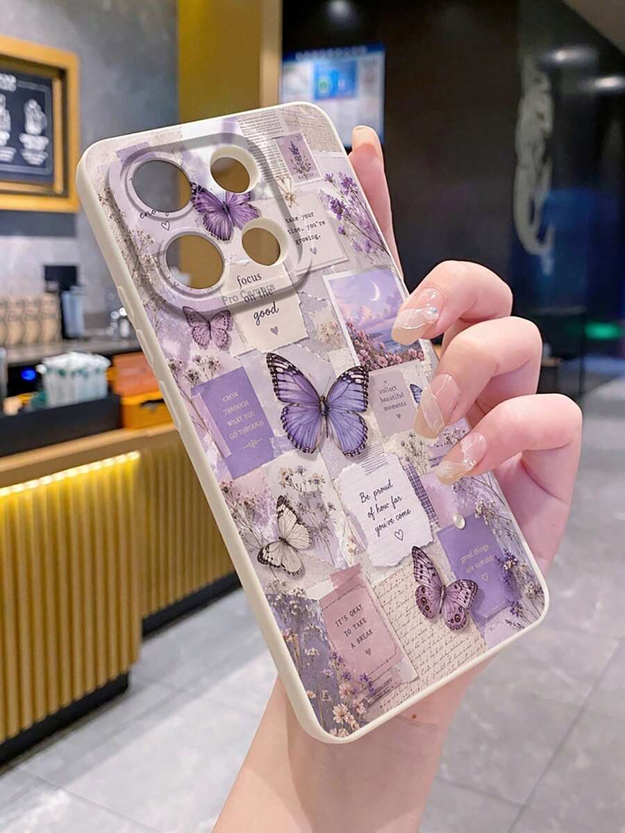 1pc Purple Butterfly Illustration Newspaper Camera Anti-Drop Phone Case UV Printed Compatible With Samsung/Galaxy/ Android Models - Beige - View 1