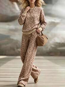 2026 Women's Autumn/Winter Lazy Relaxed Style Knit Loose Two Pieces Set, Coffee-Colored Leopard Print Knit Loose Round Neck Long Sleeve Top + Wide Leg Pants Leopard Print Set, Suitable For Commuting, Casual, Daily Commuting, Street Outings, Workplace Commuting, Shopping, Dating And Other Occasions. - Multicolor - View 5