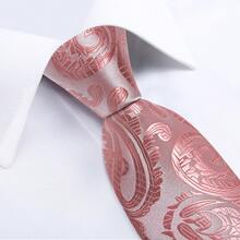Paisley Watermelon Pink Necktie Pocket Square Cufflinks Tie Clip 4pcs Kit For Bridesmaid Party & Birthday Fine Dining - Watermelon Pink - View 2