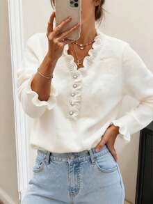 Small Size Women's Autumn/Winter Fashion Solid Color Elegant Comfortable Long Sleeve Mushroom Button V-Neck Sweater - White - View 7