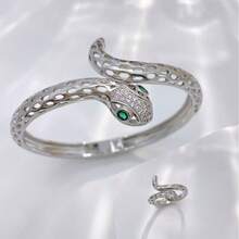 1 peça/Conjunto Pulseira Feminina Dourada Prateada Verde Esmeralda, Bracelete Aberto Ajustável com Zircônia Micro-Incrustada em Formato de Animal, Não Desbota - cobra - Visão 6