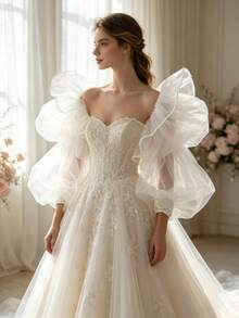 White Detachable Puff Mesh Sleeve Cuffs, Strapless Wedding Dress Accessory, Vintage Photography Gown Fluffy Tulle Sleeves - Multicolor - View 1