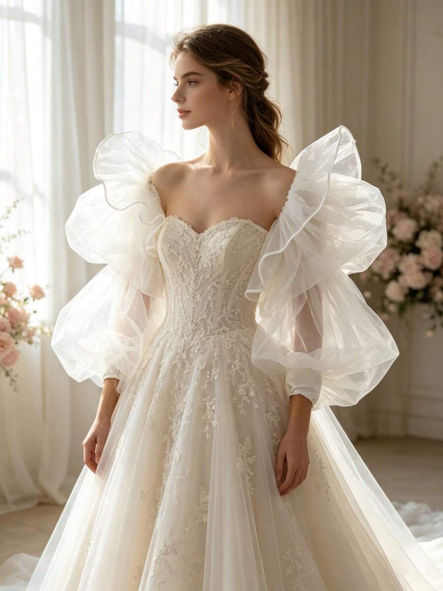 White Detachable Puff Mesh Sleeve Cuffs, Strapless Wedding Dress Accessory, Vintage Photography Gown Fluffy Tulle Sleeves - Multicolor - View 1