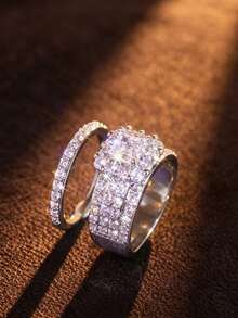 Yayi jewelry 2PCS Women's Fashion Luxury Minimalist Elegant Multi-Layer Full Zirconia Stackable Rings, Perfect Gift For Engagement, Proposal, Wife, Lover, Mother, Friend - White - View 9