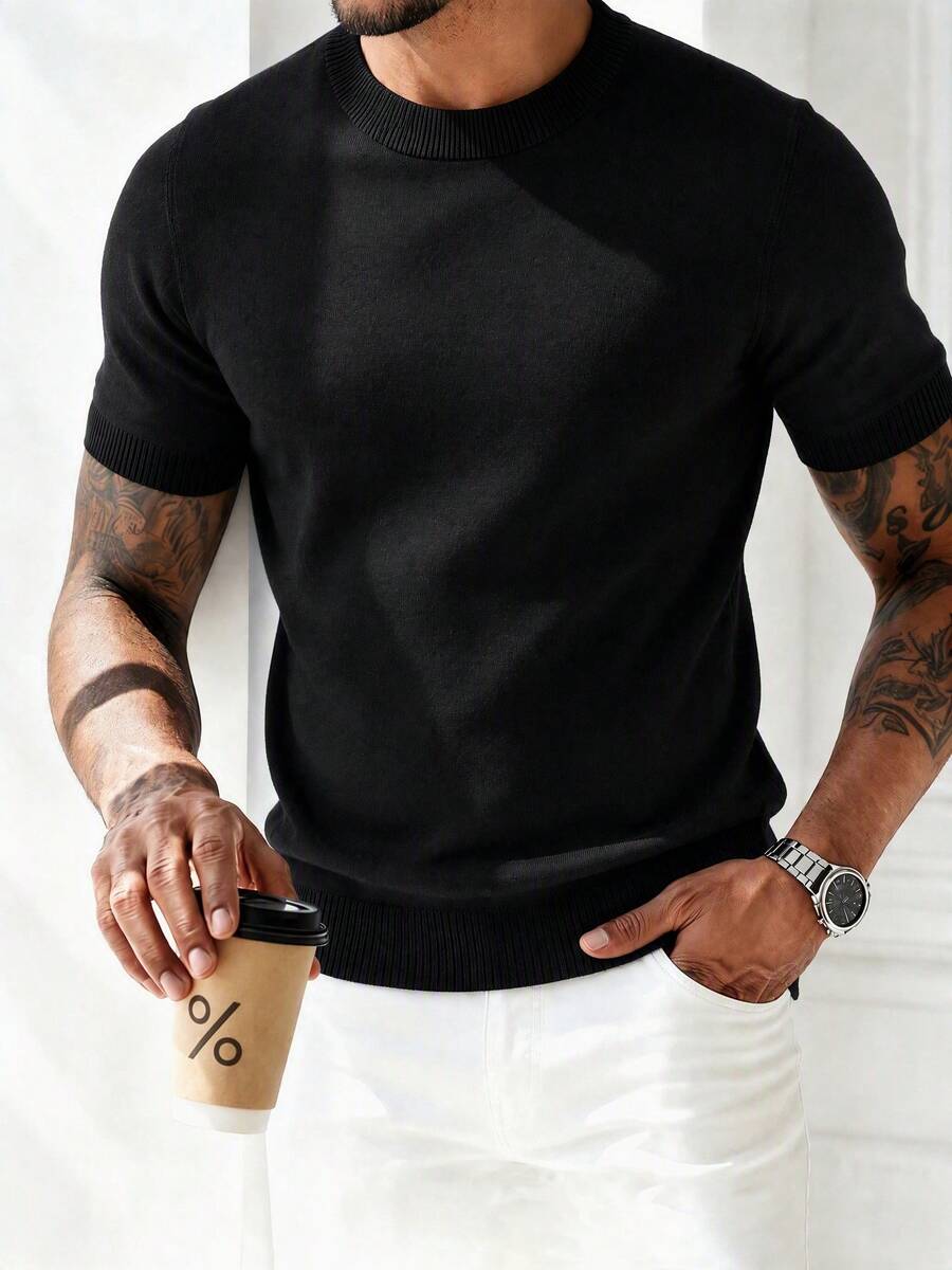 Men's Casual Minimalist Solid Color Short Sleeve Mock Neck Sweater - Black - View 1