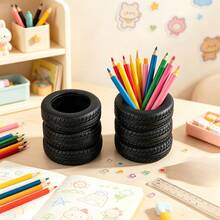 1pc Creative Realistic Tire Shaped Pen Holder, Car Enthusiast Desk Accessory, Personalized Desktop Storage Bucket, Stationery Office Organizer Decor - Multicolor - View 13