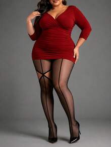 Plus Size Women's Black Decorative Tights, High-Stretch Patterned Pantyhose For Office, Party, Date Night & Daily Wear - Black - View 2
