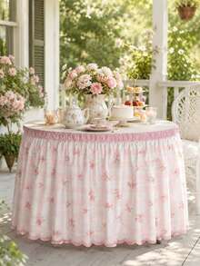 1pc Pink Plaid Print Lace Table Skirt, Fresh Polyester Rectangular Dining Table Apron, Perfect Pleated Tablecloth, Suitable For Camping, Autumn Decor And Party Decoration - Multicolor - View 9