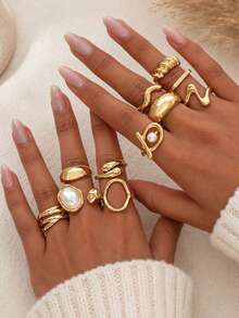 11pcs Punk Style Rings Set, Vintage Geometric Rings Set, Fashion Personalized Jewelry Gift, Suitable For Daily Outfit And Party Accessories - Yellow Gold - View 1