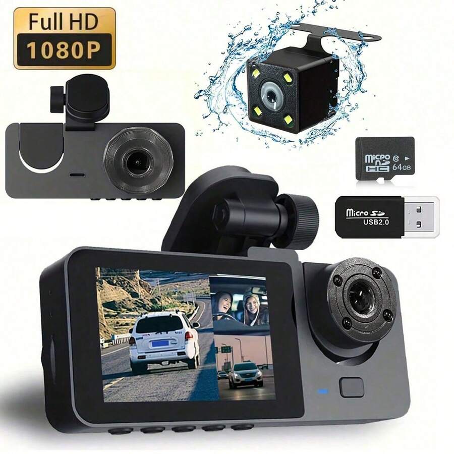 3-Channel 1080P Front And Rear Built-In Dash Cam, 3-Way Car Camera With 32GB Memory Card, Infrared Night Vision, 24/7 Parking Monitoring, G-Sensor, Loop Recording, Suitable For Cars And Trucks, 150mAh Battery Capacity
