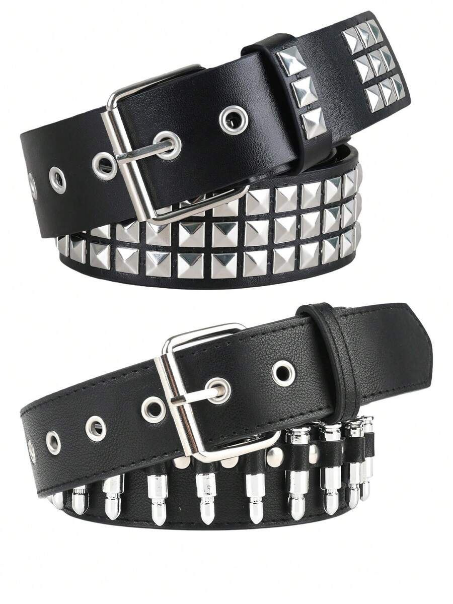 1 Set de Cinturón de Metal Punk con Remaches Combinación Decoración de Bala de Calle Cinturón Combinación Unisex - Negro + Balas - Ver 1