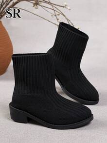 1 Pair Fashion Ribbed Knit Girls Slip-On Ankle Boots, Minimalist Solid Color Ankle Boots, Suitable For Weekend Shopping And Daily Wear - Black - View 4