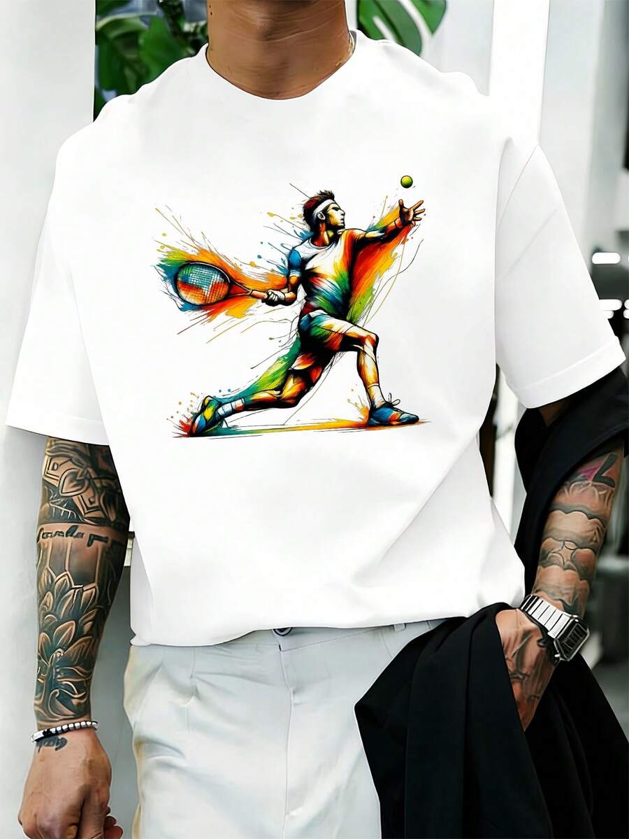 Men's Graphic Tennis T-Shirt. Quality Fabric, Loose And Comfortable Fit, Casual, Graphic Design. - White - View 1