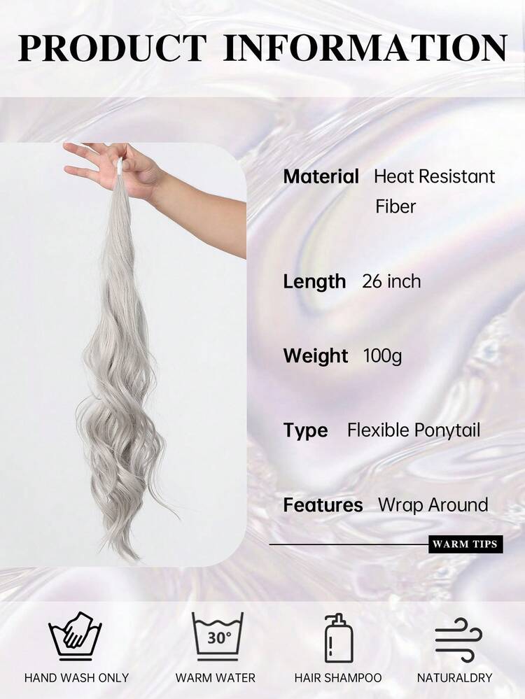 26 Inch Soft Wrap-Around Ponytail Hair Extension, Thick Long Curly Wavy Silver Grey Platinum Blonde Synthetic Ponytail Hair Piece, Suitable For Women, Natural Look Hair Extension, Perfect For Halloween Cosplay, Fashion Party, Daily Wear And Gift - Grey - View 4