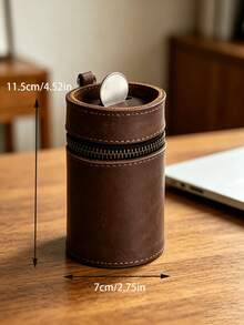 1pc European-Style Vintage PU Leather Handmade Piggy Bank, Can Fit Into A Car Cup Holder, Coin Purse, Change Storage Box, Coin Clip, Zipper Pouch, Made Of PU Leather, Brown, One Of A Kind - Brown Storage Jar - View 3