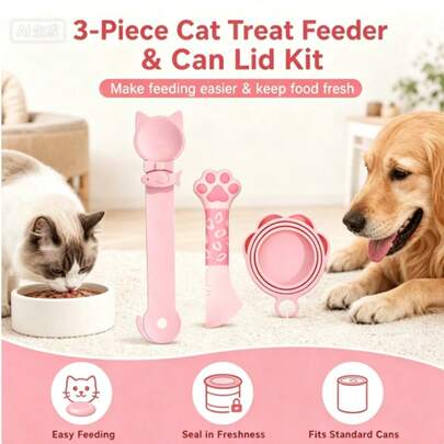 3pcs Cat Treat Squeeze Spoon, Cat Treat Feeding Spoon, Multi-Functional Cat Treat Feeder, Portable Cat Licking Spoon, Wet Food Feeding Spoon; Universal Cat & Dog Can Lid, Silicone Cat Food Spoon & Can Opener, Cat Treat Spoon; 1pc Can Lid + 2pcs Wet Food Feeding Spoons (Pink)