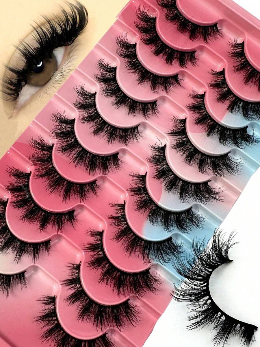 5 Pairs Classic Russian Mink Fur Cat Eye False Eyelashes, Natural D-Curl Fluffy Strip Lashes - Black - View 1