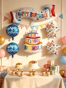 Birthday Theme Aluminum Foil Balloon Set, Colorful HAPPY BIRTHDAY Banner, Round And Star Balloons, Children's First Birthday Party Living Room Background Decoration, Atmospheric Birthday Scene Decor - View 4