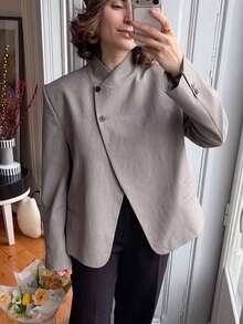 GMFP Grey Stand Collar Asymmetric Front Button Short Blazer Jacket For Women, Daily Gathering Y2K Back To School Graduation Season Halloween Fall - Khaki - View 2