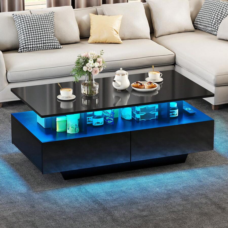 Yitahome Coffee Table With Storage, High Glossy 16 Color Adjustable LED Coffee Tables For Living Room, Black Coffee Table With Open Display Shelf And 4 Drawers, Modern Wooden Rectangle Tea Table - Black - View 1