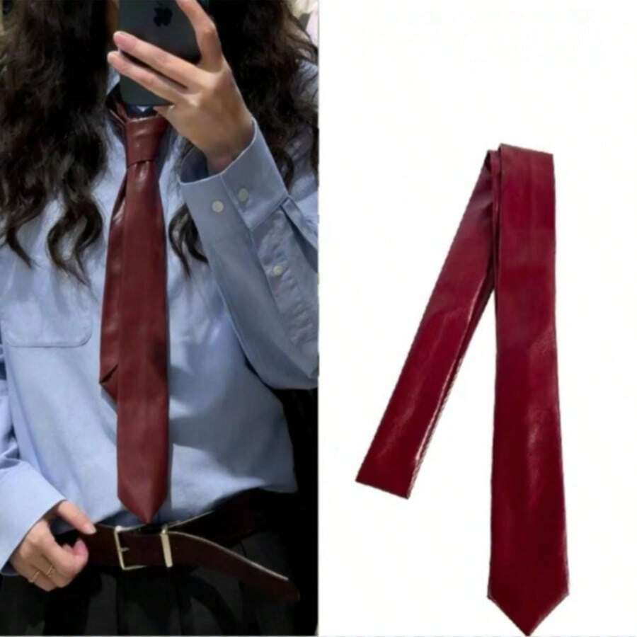 1PC Men's Fashion Casual Solid Color 5cm Narrow PU Tie, Suitable For Daily Work, Outings And Business Matching - Red - View 1