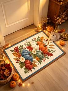 1 pieza Alfombra de pasillo con diseño de calabaza a bloques de color, alfombra larga para pasillo, alfombra de área, decoración del hogar, alfombra para sala de estar, decoración de habitación, alfombra lavable, regalo de Halloween - Calabaza con borde de color contrastante - Ver 4