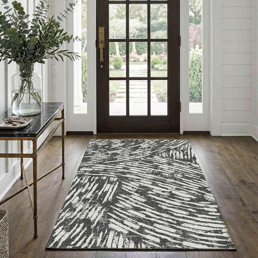 Latte&Fog Alfombras de 153 x 215 cm para Sala de Estar y Dormitorio,Moderna Abstracta Lavable, de Pelo bajo Antideslizante Estilo Boho para Sala de Estar, Oficina, Dormitorio(Negro 5x7ft) - Gris Oscuro - Ver 1