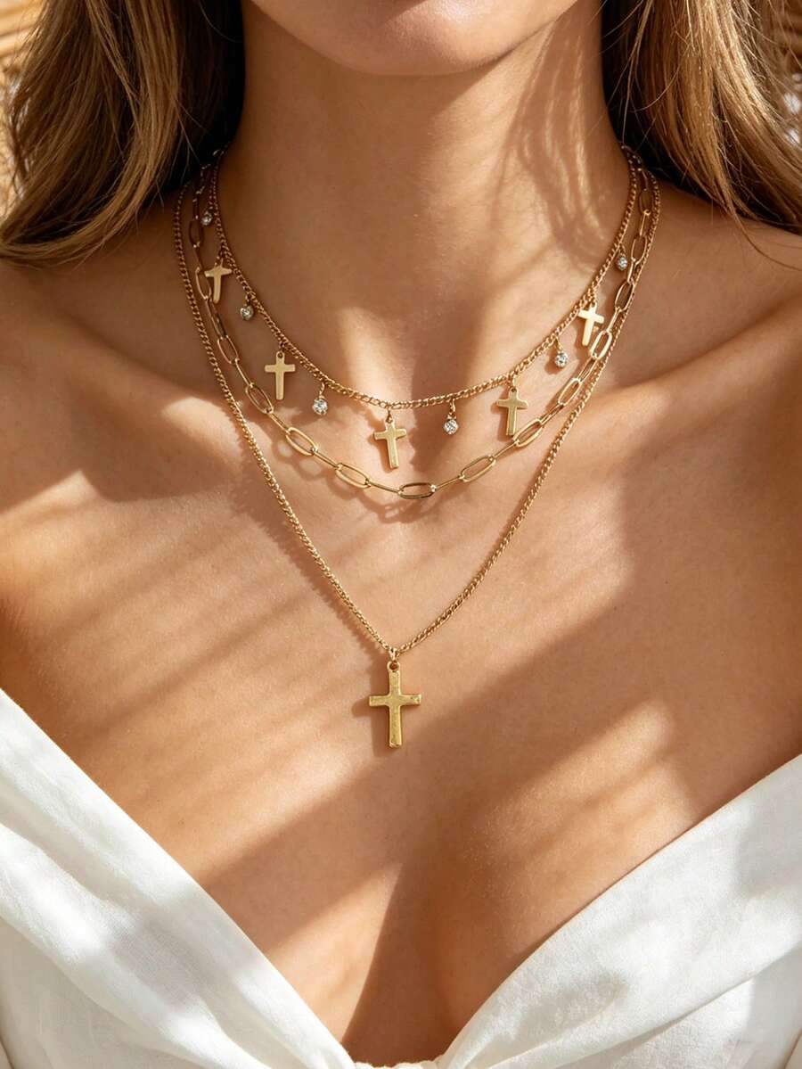 Set de 3 collares de mujer con colgante de cruz, estilo Ins, versátiles y de moda, con strass, flecos, cadena para la clavícula, multicapa y apilables - Dorado - Ver 1