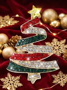 European Style Rhinestone Christmas Tree Brooch, Wavy Layered Five-Pointed Star Tree-Shaped Pin, Holiday Decorative Accessory For Sweaters, Coats And Bags - A - View 2