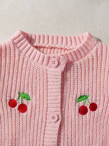 Baby Girl Sweet Cute Solid Color Cherry Embroidery Round Neck Long Sleeve Button Cardigan Sweater Knit Jacket Suitable For Daily Casual School Holiday Spring Autumn Winter - Pink - View 4