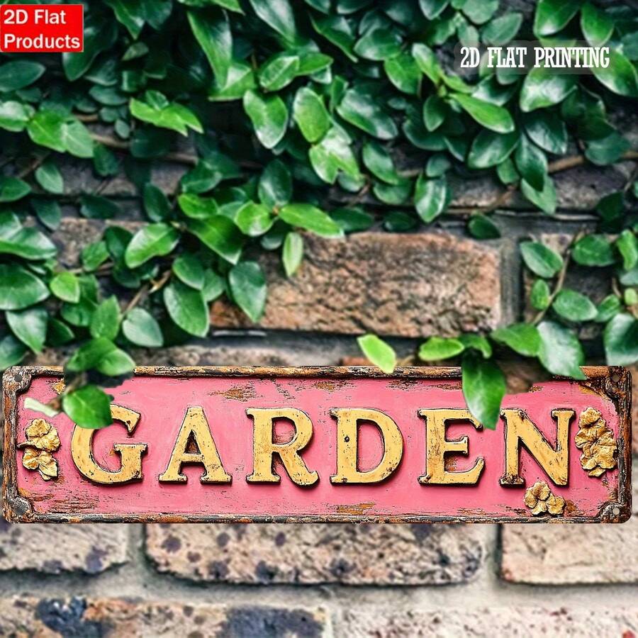 1pc 2D Flat Vintage Pink "Garden" Iron Wall Hanging Sign - Country Style Home Decor, Suitable For Entryway Or Living Room, Pre-Drilled Holes As Shown In Size Chart - Multicolor - View 1